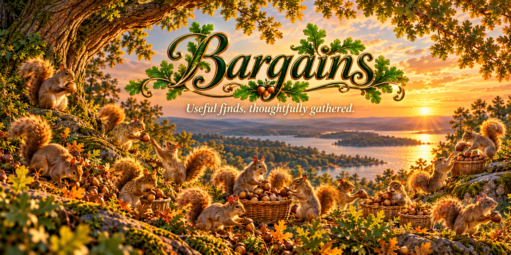 Bargains. Useful finds, thoughtfully gathered. Groups of squirrel Mavens gather acorns into baskets beneath an oak above Lake Texoma at sunset.