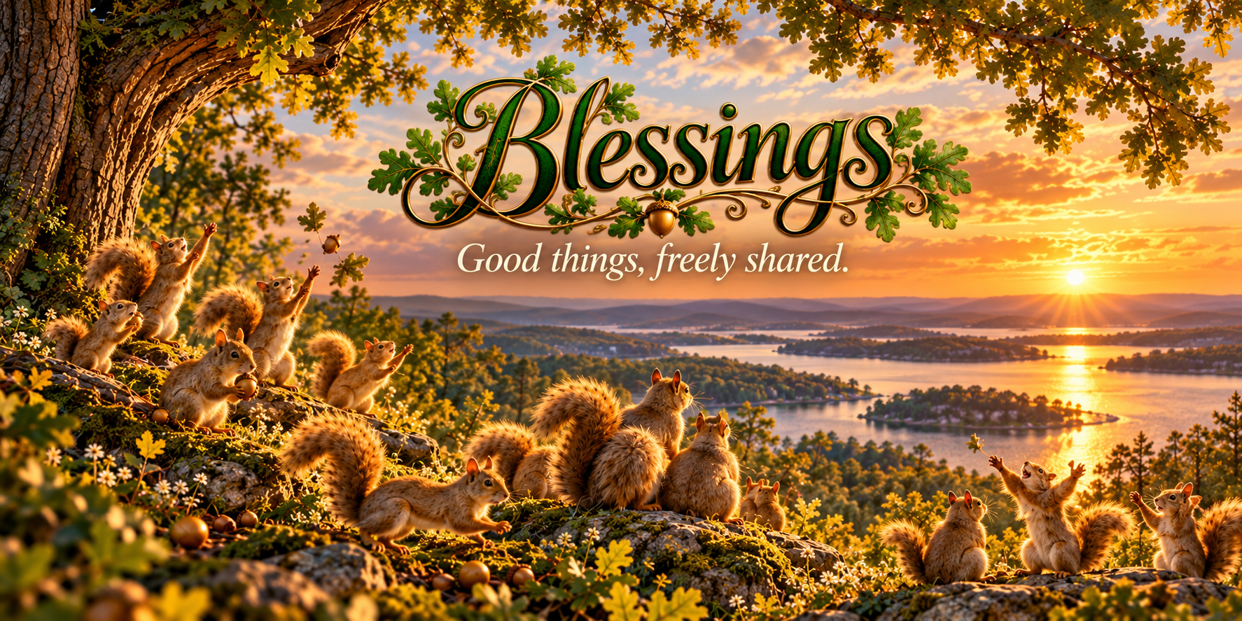Blessings. Good things, freely shared. Squirrel Mavens frolic, rejoice, and gather to admire Lake Texoma beneath a golden oak canopy.
