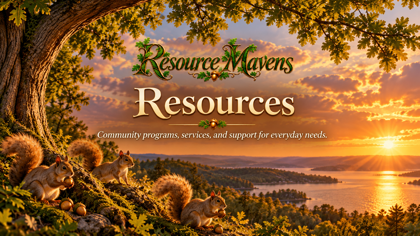 Resource Mavens Resources page hero with oak tree, squirrels, sunset, and elegant Resources title.