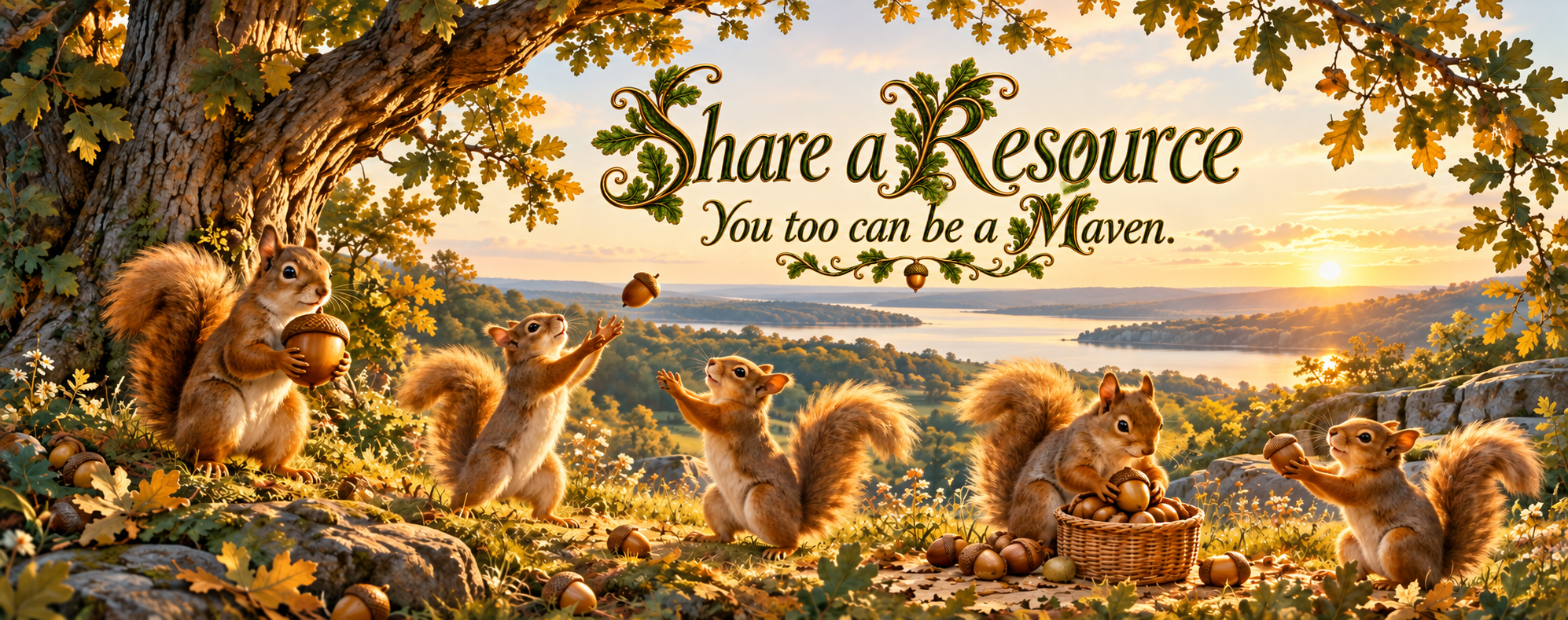 Share a Resource. You too can be a Maven. Squirrel Mavens share and gather acorns beside a lake.